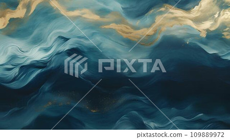 Marbled blue green and golden abstract background. Liquid marble wave ink pattern. 109889972