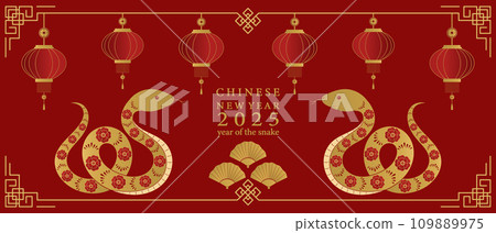 Chinese New Year 2025. Red background with golden snake. Vector illustration 109889975