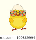 Easter cartoon chick in groovy sunglasses. Chick character in a trendy retro hippie 70s style. Vector illustration 109889994