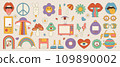Vector collage of retro 70s design elements: groovy mushrooms, lips, daisy flowers, planet, rainbow, lipstick, etc. Trendy retro icons 109890002