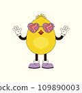 Cartoon easter groovy chick in trendy retro 70s style.Vector illustration 109890003