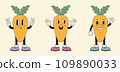 Vector set of cartoon groovy carrot character in trendy 70s style. Funky retro vegetable. Vector illustration 109890033