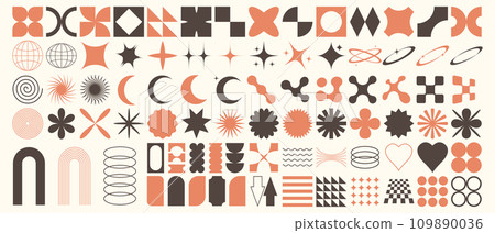 Vector set of brutalist geometric shapes. Trendy abstract minimalist figures, stars, flowers, circles. Modern abstract graphic design elements. 109890036