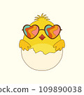 Easter cartoon chick in groovy sunglasses. Chick character in a trendy retro hippie 70s style. Vector illustration 109890038