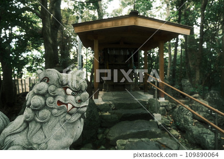 Retro photo of a colored guardian dog standing in a shrine Retro photo of a colored guardian dog standing in a shrine 109890064