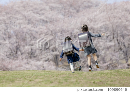 一年級學生穿過櫻花盛開的公園的後視圖 109890646