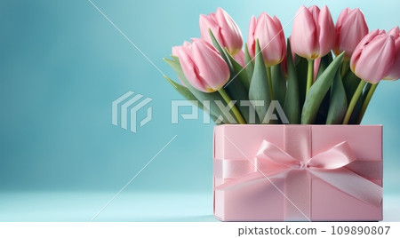 pink box with pink tulips on the blue background pink tulips pink box with pink tulips on the blue background pink tulips 109890807