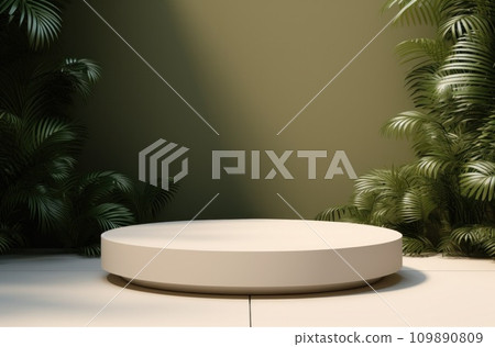 on a table with green plantation background a white pedestal on a table with green plantation background a white pedestal 109890809