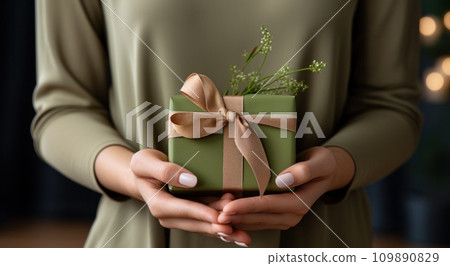 hands up to a gift which is wrapped in green 109890829