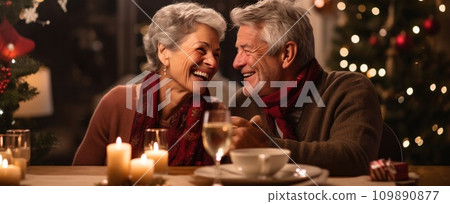 older woman and older man enjoying christmas meal at table older woman and older man enjoying christmas meal at table 109890877