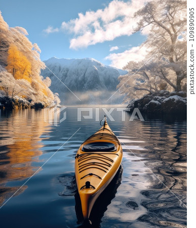 kayak on loch ness lake, snowy and icy, winter scenery 109890905