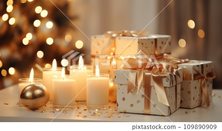 gifts and wrapping paper on a background with a candle gifts and wrapping paper on a background with a candle 109890909