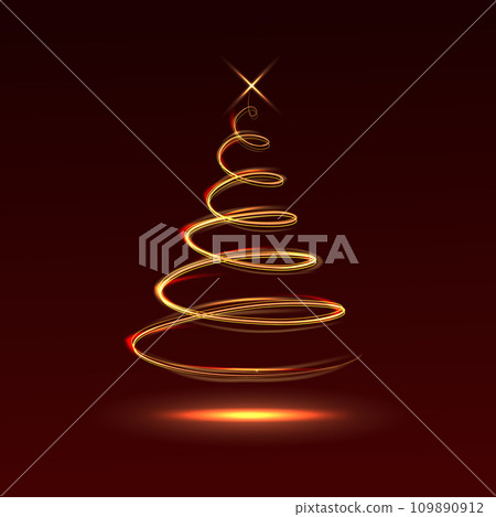 Christmas shiny tree background with blurred lights effect. Shiny beautiful stylish magical spiral Christmas tree with shining star on top and sparkling magic dust particles 109890912