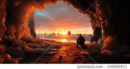 photographer taking picture in an ice cave near sunset photographer taking picture in an ice cave near sunset 109890913
