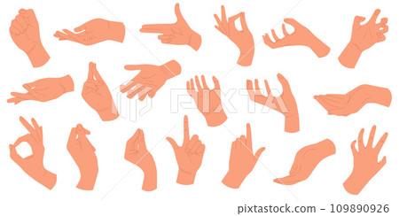 Gesturing. Set of hands in different gestures. Hands poses. Female hands in various situations. Colorful vector illustration 109890926