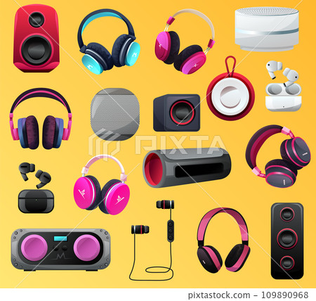 Electronics elements isolated set. Headphones, Wired and Wireless Earphones, Audio Equipment for Music Listening. Portable music column 109890968