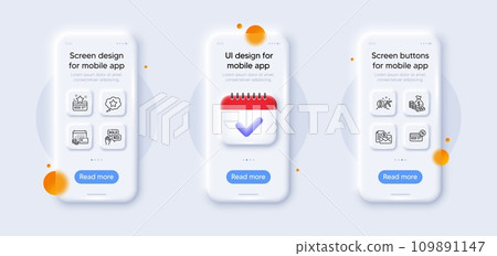 Bid offer, Loyalty card and Accounting report line icons pack. 3d phone mockups with calendar. Glass smartphone screen. Money, Cashback, Bitcoin mining web icon. Vector 109891147