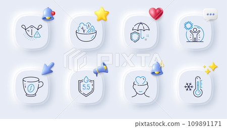 Salad, Umbrella and Mental health line icons. Buttons with 3d bell, chat speech, cursor. Pack of Ph neutral, Medical mask, Coronavirus protection icon. Low thermometer, Coffee pictogram. Vector 109891171
