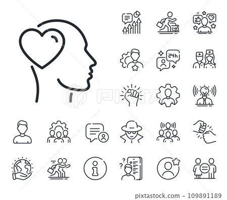 Friendship love sign. Specialist, doctor and job competition outline icons. Friend line icon. Assistance business symbol. Friend line sign. Avatar placeholder, spy headshot icon. Strike leader. Vector 109891189