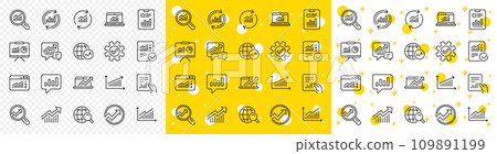 Set of Chart, Report document and Graph icons. Analytics, Statistics line icons. Data analytics, Presentation chart and Communication. Global Statistics, hold document and checklist report. Vector 109891199