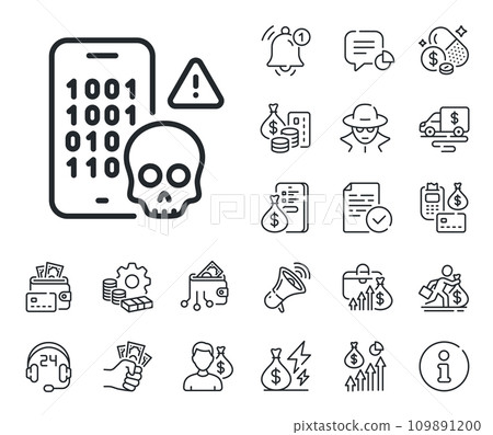 Ransomware threat sign. Cash money, loan and mortgage outline icons. Cyber attack line icon. Phone hacking symbol. Cyber attack line sign. Credit card, crypto wallet icon. Vector 109891200