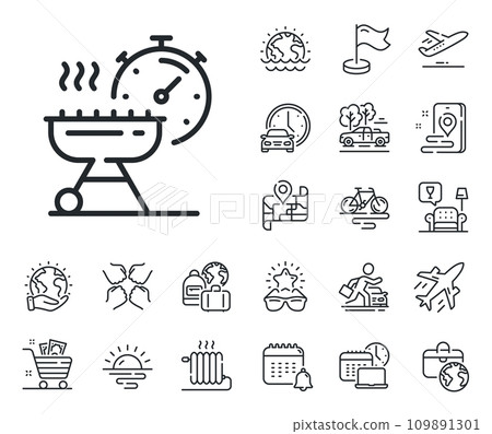 Barbecue cooker for cooking food sign. Plane jet, travel map and baggage claim outline icons. Grill time line icon. Hot meat brazier symbol. Grill time line sign. Vector 109891301