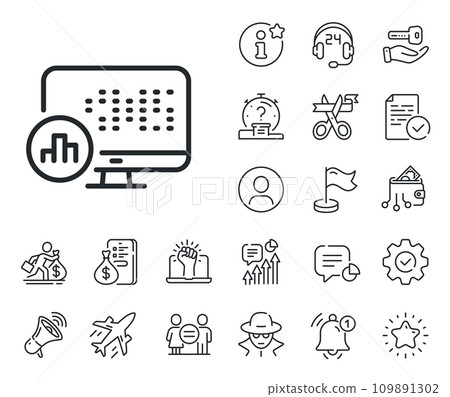 Column graph sign. Salaryman, gender equality and alert bell outline icons. Report statistics line icon. Growth diagram symbol. Report statistics line sign. Spy or profile placeholder icon. Vector Column graph sign. Salaryman, gender equality and alert bell outline icons. Report statistics line icon. Growth diagram symbol. Report statistics line sign. Spy or profile placeholder icon. Vector 109891302