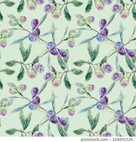 Olive seamless pattern, watercolor. Olive branches. Design element for food labels, packaging, wallpaper, covers, menus, fabric, cosmetic products. Olive seamless pattern, watercolor. Olive branches. Design element for food labels, packaging, wallpaper, covers, menus, fabric, cosmetic products. 109891526