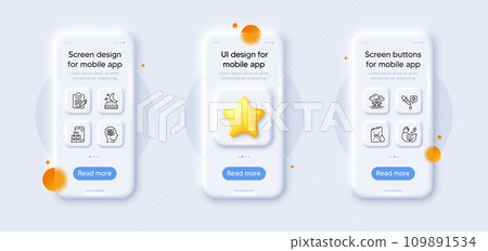 Green energy, Rfp and Anxiety line icons pack. 3d phone mockups with star. Glass smartphone screen. Mobile inventory, Petrol canister, Mattress web icon. Building, Chemistry pipette pictogram. Vector 109891534
