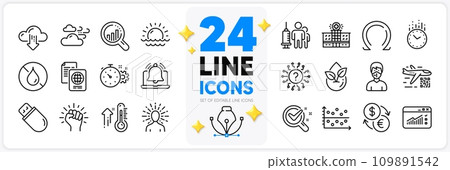 Icons set of Cogwheel timer, High thermometer and Time line icons pack for app with Web traffic, Yoga, Organic product thin outline icon. Dot plot, Reminder, Usb stick pictogram. Vector Icons set of Cogwheel timer, High thermometer and Time line icons pack for app with Web traffic, Yoga, Organic product thin outline icon. Dot plot, Reminder, Usb stick pictogram. Vector 109891542