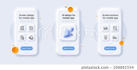Certificate, Upper arrows and Shoulder strap line icons pack. 3d phone mockups with cursor. Glass smartphone screen. Search employee, Inflation, Search document web icon. Vector 109891554