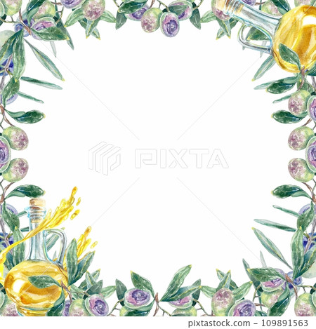 Olive frame, oil, watercolor. Botanical illustration isolated on white background. Labels, packaging, leaflets, cards, invitations, cosmetic products. 109891563