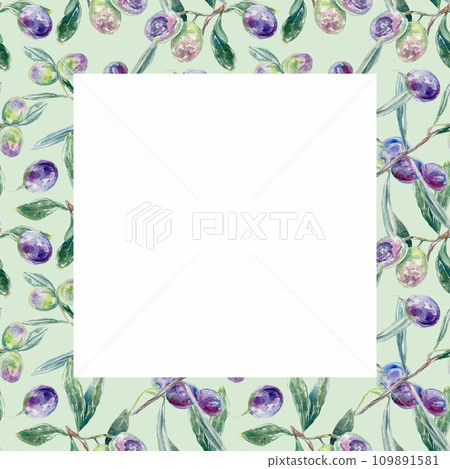 Olive frame watercolor, square. Botanical illustration isolated on white background. Labels, leaflets, covers, cards, invitations, cosmetic products. Olive frame watercolor, square. Botanical illustration isolated on white background. Labels, leaflets, covers, cards, invitations, cosmetic products. 109891581