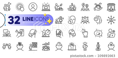 Outline set of Podcast, Ab testing and Manager line icons for web with Best manager, Engineering team, Medical mask thin icon. Mental health, Budget accounting. Design with yellow 3d stars. Vector 109891663