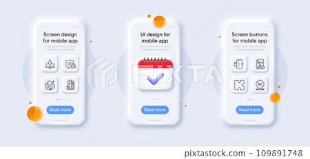 New message, Water resistant and No vaccine line icons pack. 3d phone mockups with calendar. Glass smartphone screen. Puzzle, Chlorine mineral, Report web icon. Vector 109891748