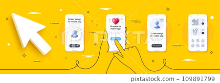 Compliance, Time management and Vaccination announcement line icons pack. Phone screen mockup with 3d alert bell, health and headshot. Vector Compliance, Time management and Vaccination announcement line icons pack. Phone screen mockup with 3d alert bell, health and headshot. Vector 109891799
