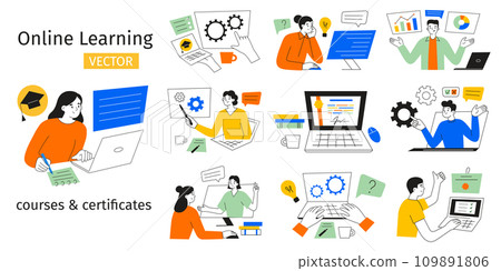 Online education compositions, people learning on computer, distant courses scene collection, vector illustrations of students taking classes on business professions, internet exams and webinars Online education compositions, people learning on computer, distant courses scene collection, vector illustrations of students taking classes on business professions, internet exams and webinars 109891806