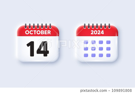 Calendar date 3d icon. 14th day of the month icon. Event schedule date. Meeting appointment time. 14th day of October month. Calendar event reminder date. Vector 109891808