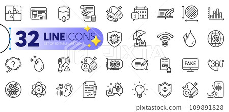 Outline set of Calendar, Atom and Clipboard line icons for web with Voicemail, Diagram graph, Fake news thin icon. Sodium mineral, 5g wifi, Medical shield pictogram icon. Vector 109891828