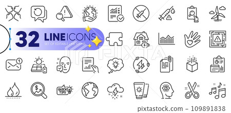 Outline set of Inspect, Cut and New message line icons for web with Solar panel, Music, Maze attention thin icon. Meditation eye, Puzzle, Sunscreen pictogram icon. Thunderstorm weather. Vector 109891838