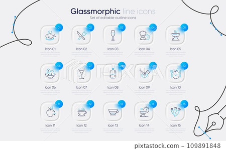Set of Cooking whisk, Coffee cup and Carrots line icons for web app. Cocktail, Food delivery, Salad icons. Wineglass, Vegetarian food, Grill time signs. Chef, Grill, Fish dish. Americano. Vector 109891848