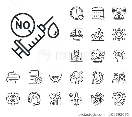 Covid-19 no vaccine sign. Online doctor, patient and medicine outline icons. Coronavirus syringe line icon. Corona virus symbol. Coronavirus vaccine line sign. Vector 109892075