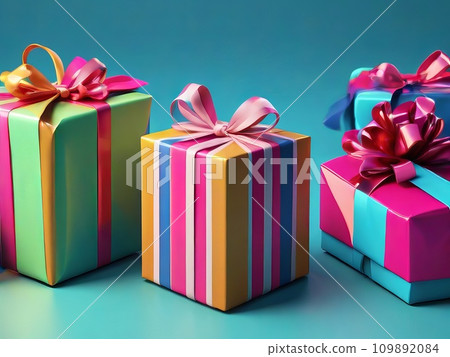 Vibrant Array of Colorful Presents with Bows for Your Birthday Bash - Group of Festive Gift Boxes Ready to Spark Joy. Generative AI. 109892084