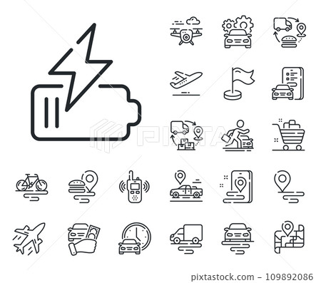 Charge accumulator sign. Plane, supply chain and place location outline icons. Battery line icon. Electric power symbol. Battery line sign. Taxi transport, rent a bike icon. Travel map. Vector 109892086