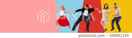 Collage. Attractive couples, men and women cheerfully dancing retro dance styles over multicolored background Collage. Attractive couples, men and women cheerfully dancing retro dance styles over multicolored background 109892104