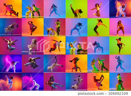 Collage. Talented artistic young people, men and women perfuming hip hop, breakdance over multicolored background in neon light. Modern dance style, action and motion, hobby 109892109