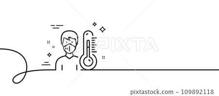 Thermometer line icon. Continuous one line with curl. Doctor with face mask sign. Temperature measuring symbol. Thermometer single outline ribbon. Loop curve pattern. Vector 109892118