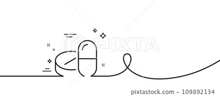 Medical drugs line icon. Continuous one line with curl. Medicine pills sign. Pharmacy medication symbol. Medical drugs single outline ribbon. Loop curve pattern. Vector Medical drugs line icon. Continuous one line with curl. Medicine pills sign. Pharmacy medication symbol. Medical drugs single outline ribbon. Loop curve pattern. Vector 109892134