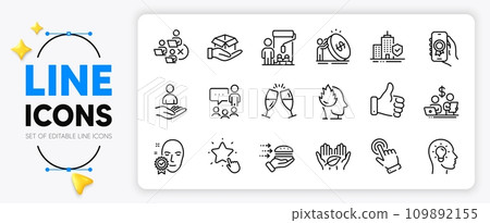Fair trade, Inflation and Like hand line icons set for app include Painter, Hold box, Stress outline thin icon. Recruitment, Champagne glasses, People chatting pictogram icon. Vector 109892155