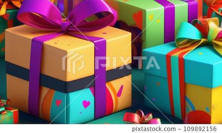 Vibrant Array of Colorful Presents with Bows for Your Birthday Bash - Group of Festive Gift Boxes Ready to Spark Joy. Generative AI. 109892156